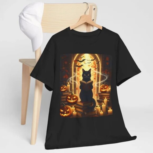 Black Cat Reading Books Pumpkin Autumn Teachers Halloween Unisex T-shirt - Picture 1 of 2